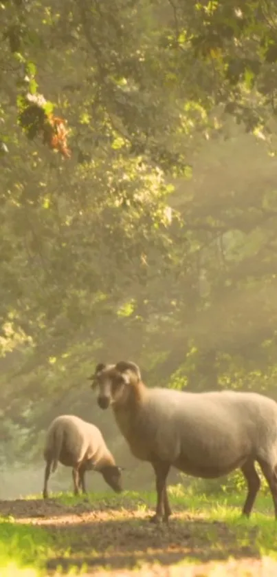 Sheep grazing peacefully in a sunlit forest scene.