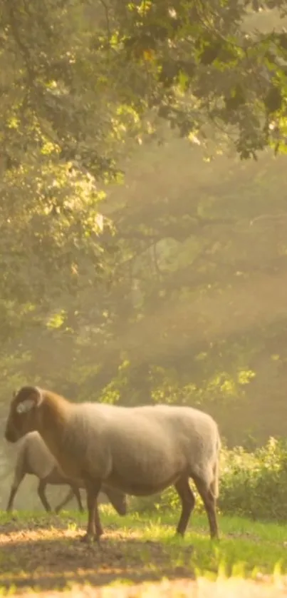 Sheep in a serene, sunlit forest scene.