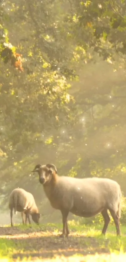 Sheep on a sunlit forest path with golden light.