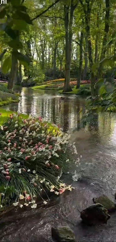 Serene forest stream with flowers and greenery.