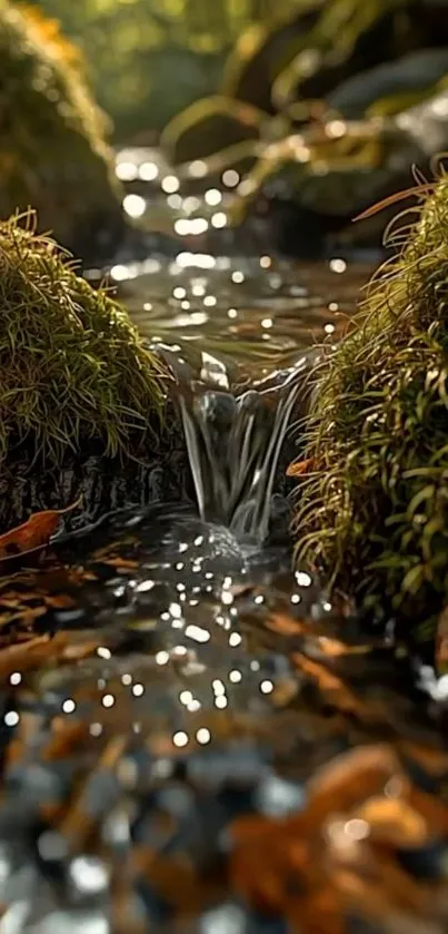 Serene forest stream with lush moss.