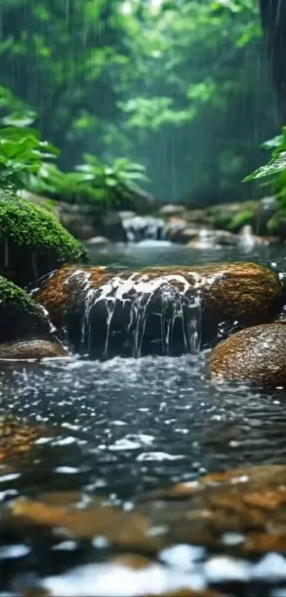 Tranquil forest stream with lush greenery and flowing water.