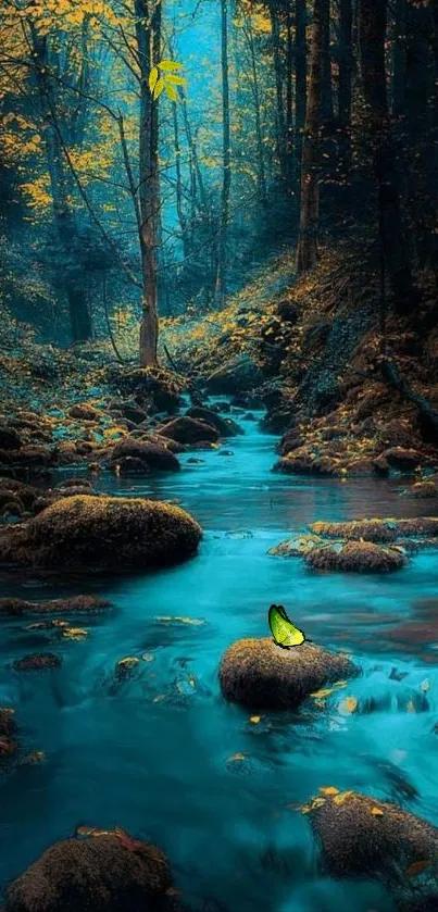 Serene forest stream with turquoise water flowing through autumn foliage.