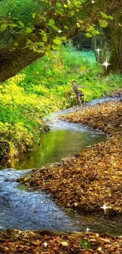 Serene forest stream with lush greenery and fallen leaves.