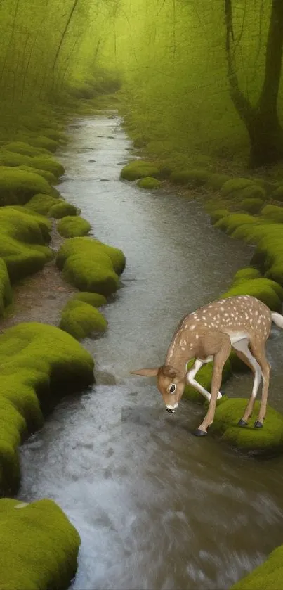 A serene woodland stream with green moss and a peaceful atmosphere.