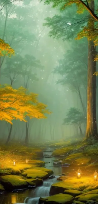 Serene misty forest with illuminated stream and lanterns.