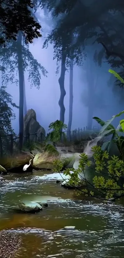 Tranquil forest stream with misty blue trees and lush greenery.