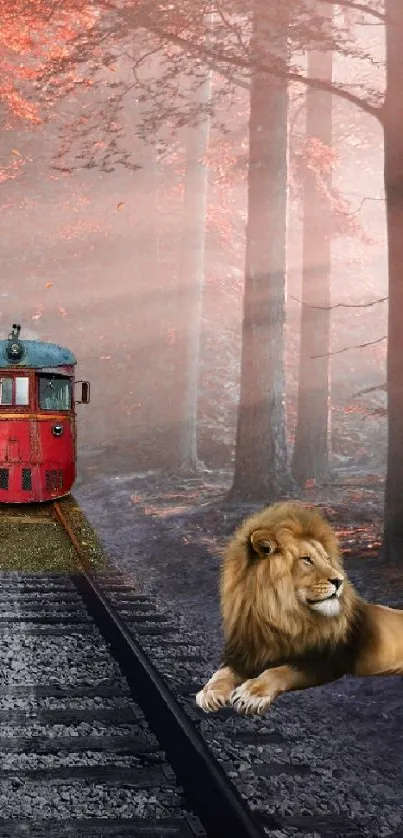 Red train and lion in autumn forest scene.