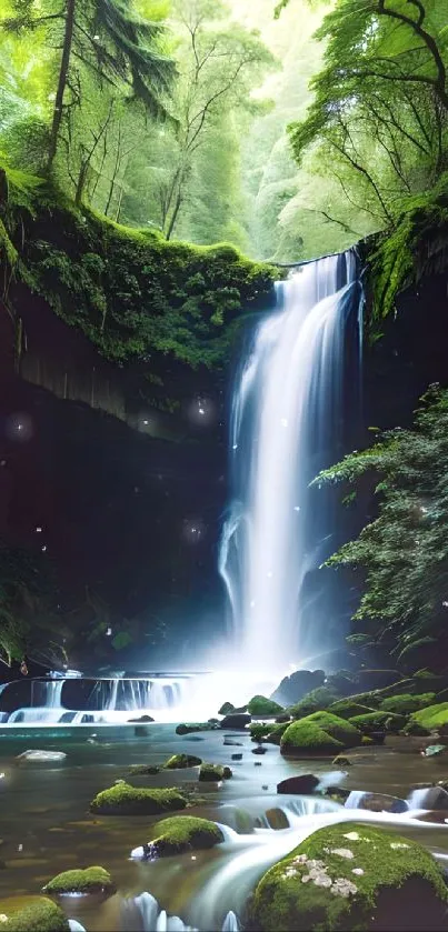 A stunning waterfall in a lush green forest, perfect for a calming phone wallpaper.