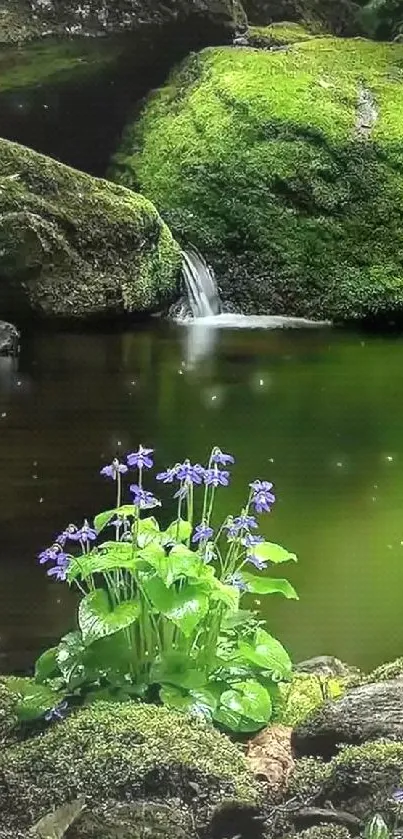 Serene forest waterfall with green moss and purple flowers.