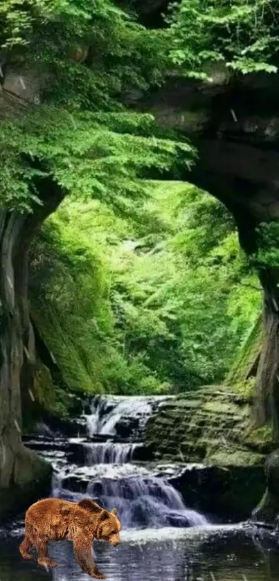 Serene forest waterfall with bright green foliage and a tranquil bear.