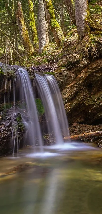 Serene waterfall flowing in a lush, green forest setting mobile wallpaper.