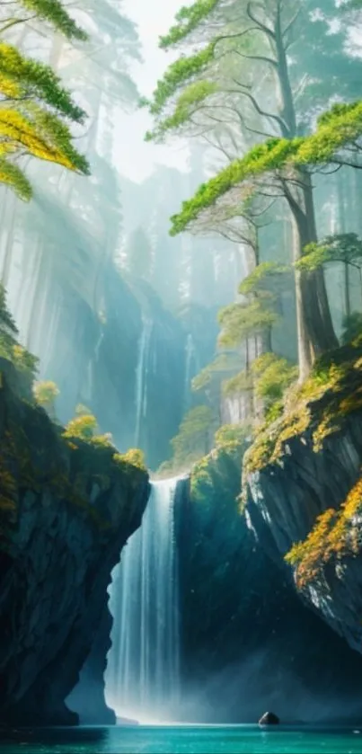 Tranquil forest scene with waterfall.