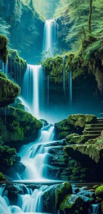 Serene waterfall in lush forest setting with cascading water and green surroundings.