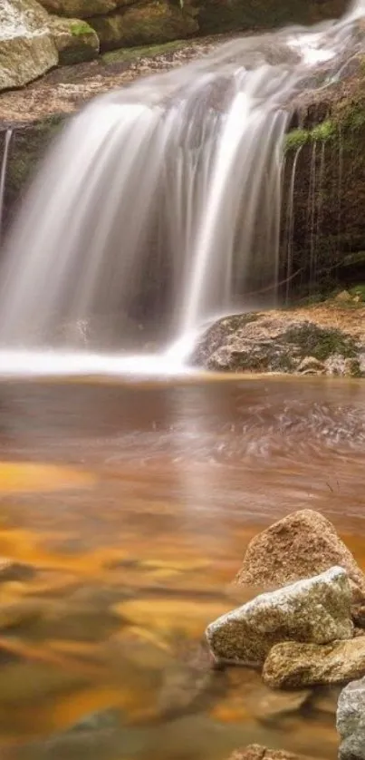 Serene waterfall cascading in forest setting.