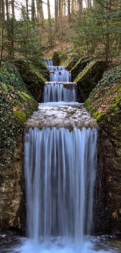Serene waterfall in a lush forest setting, perfect for mobile wallpaper.
