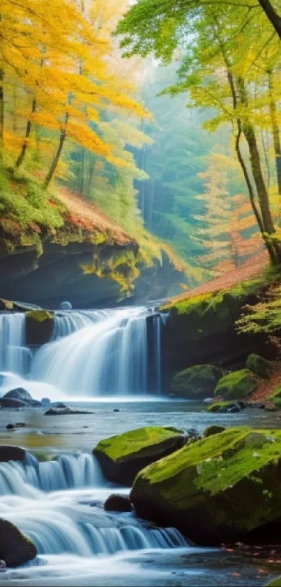 A serene waterfall in a lush green forest with autumn foliage.