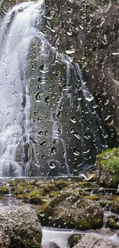 Three-panel mobile wallpaper of a serene waterfall in a lush forest setting.