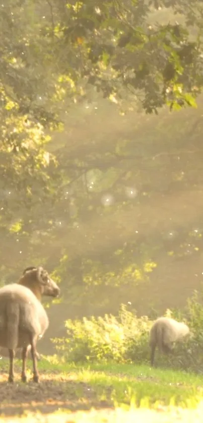 Sheep peacefully grazing in sunlit forest clearing.