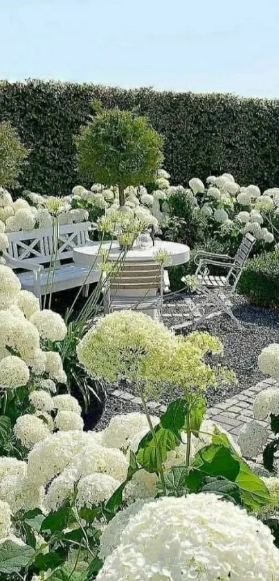 Serene garden with white flowers and a flying bird under a clear blue sky.