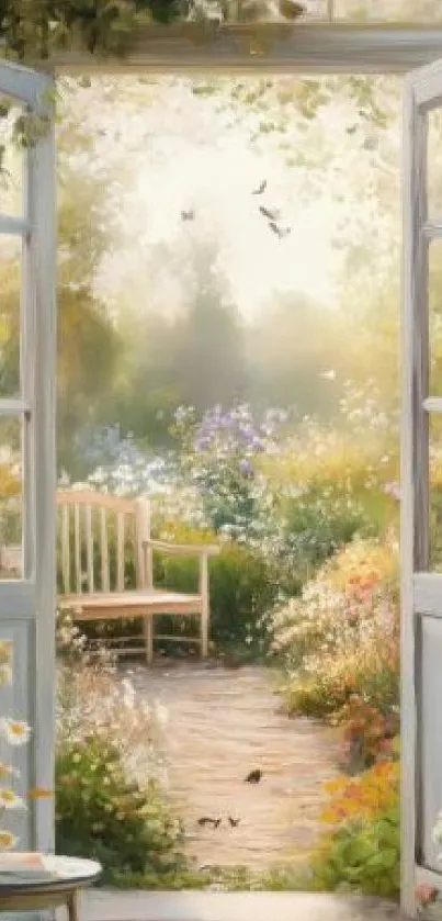 Open door to a serene garden with flowers and sunlight.