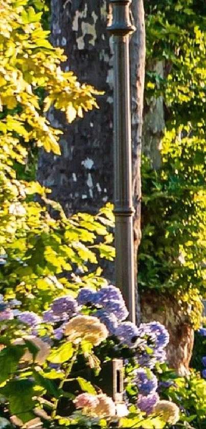 Lush garden with lampposts and flowers under evening light.