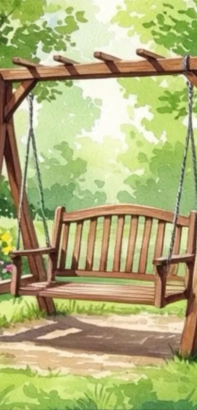 Wooden garden swing with lush greenery.