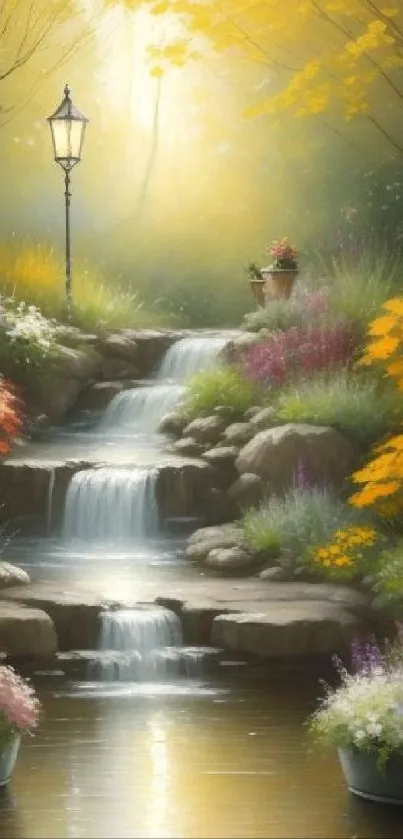 Serene garden waterfall with flowers and sunlight, creating a tranquil and peaceful scene.