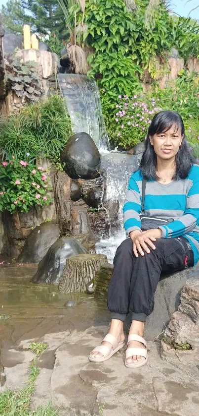 Woman sitting by a garden waterfall with lush green surroundings.