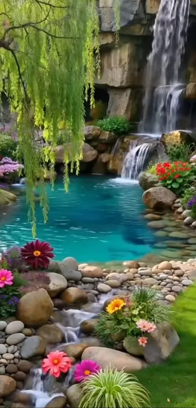 Tranquil waterfall with vibrant flowers in a lush garden.