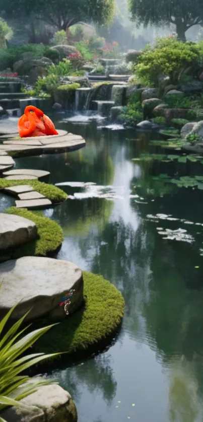 Peaceful garden with koi and waterfall.