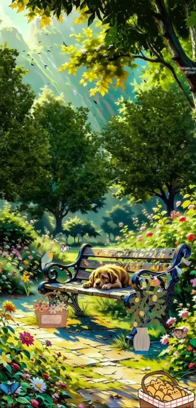 Serene garden scene with a dog resting on a bench.