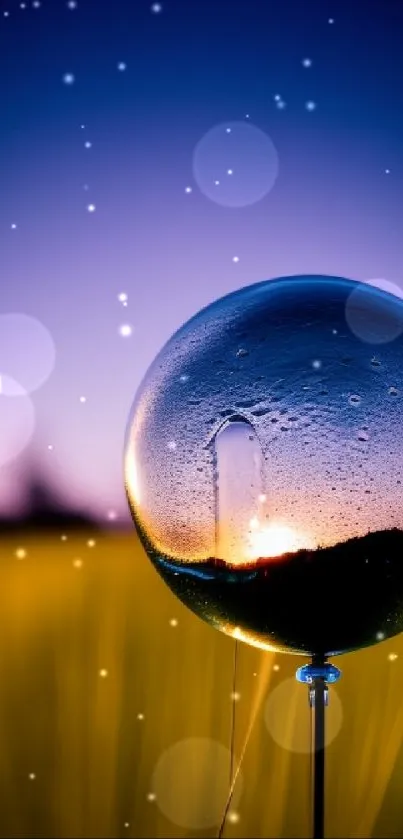 Glass sphere reflecting a serene dusk landscape with vibrant colors.