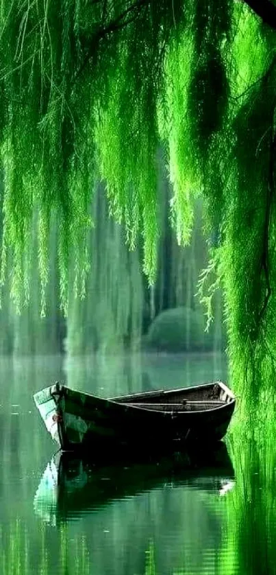 Peaceful boat under lush green willow branches on a calm lake.