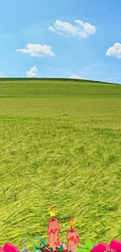 Green field and blue sky mobile wallpaper with clouds.