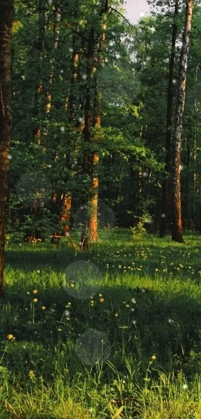 Green forest path with lush trees and sunlight filtering through.