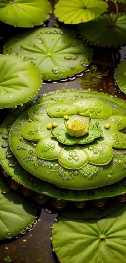 Green lily pads with water droplets on a tranquil pond