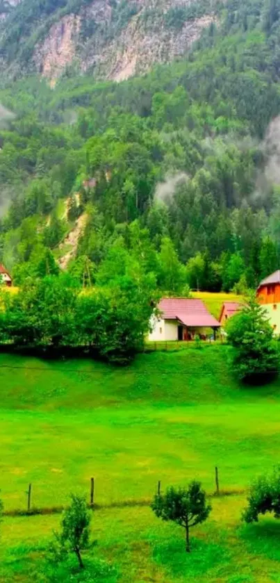 Lush green valley with cottages and misty mountains in the background.