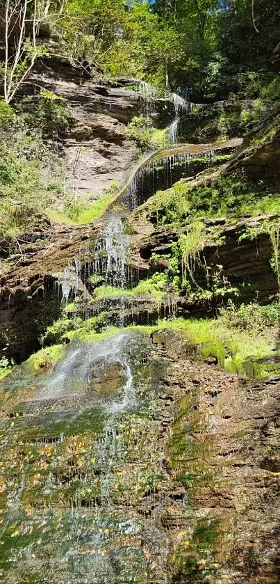 Waterfall cascading over lush green rocks in a serene forest setting.