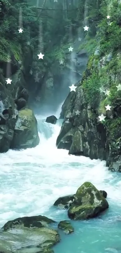 Tranquil waterfall flowing through lush green forest with stars in the misty air.