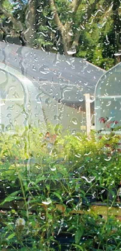 A lush greenhouse landscape with vibrant greenery.