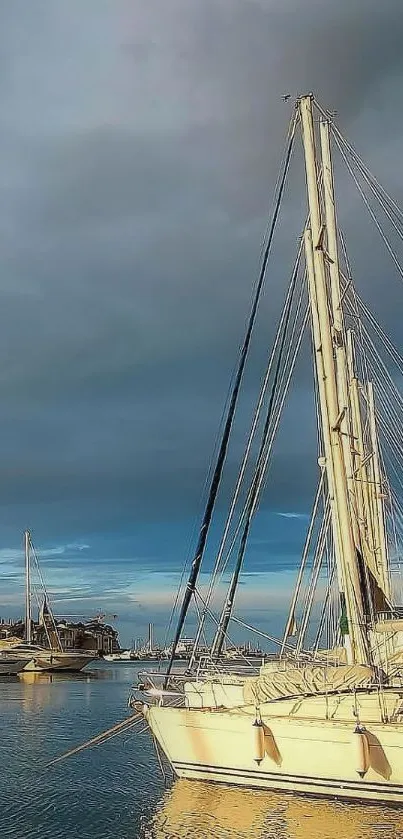 Serene harbor with sailboats and dramatic skyline.