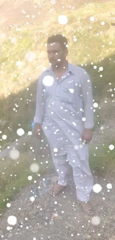 Man standing amidst a verdant hillside landscape.