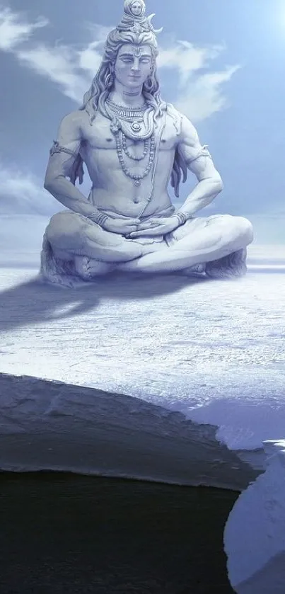 Serene meditation on an iceberg with a celestial sky.