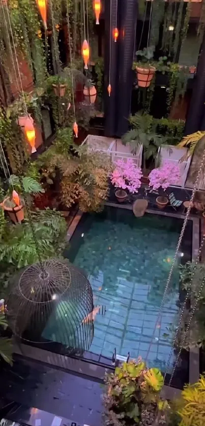 Lush indoor garden with tranquil pool and warm lighting.