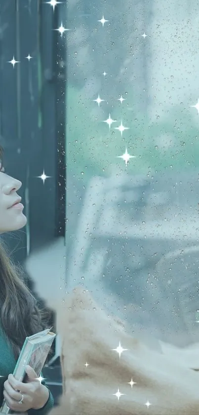 Woman reflecting indoors by window, soft teal and brown tones.
