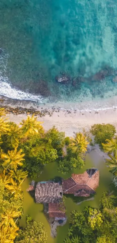 Aerial view of a tranquil tropical island with lush greenery and a clear blue ocean.