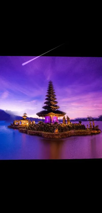 Tranquil island at sunset with purple sky and calm waters.