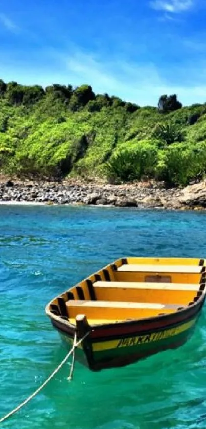 Island boat on turquoise water with lush green hills.