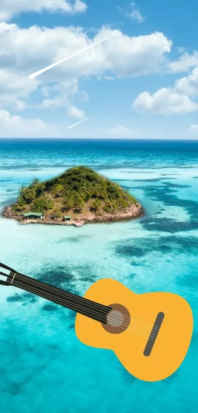 Island with guitar on turquoise ocean background.